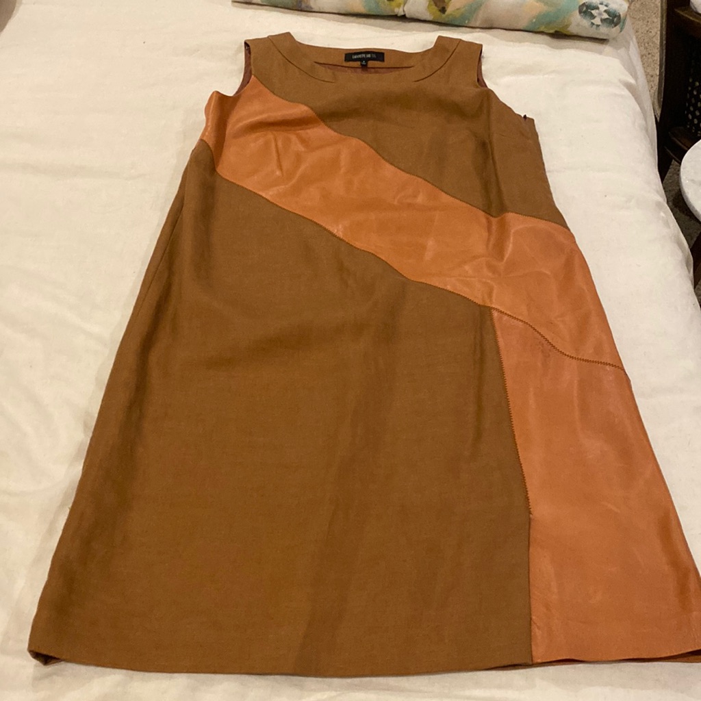 Lafayette 148 New York Tan And Khaki Leather/Linen A-Line Sheath Dress 6